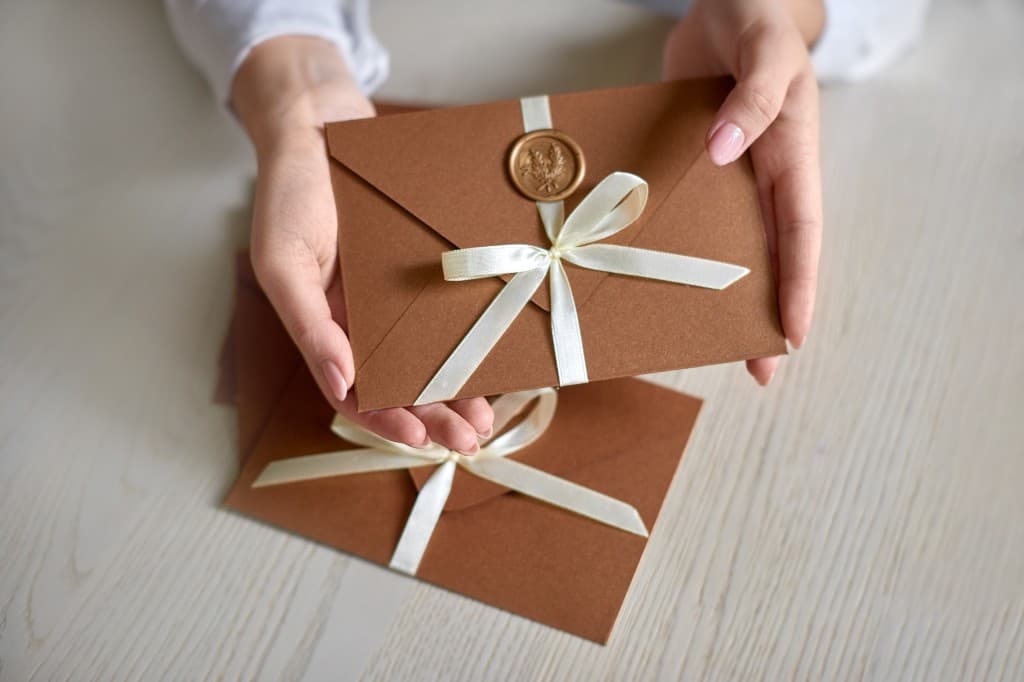 Hands holding a bronze invitation envelope with ribbon bow and wax seal