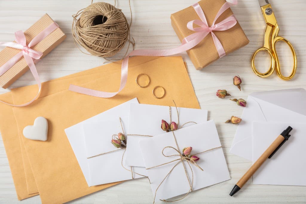 Flat lay of wedding invitations, gold rings, and gift boxes with pink ribbons