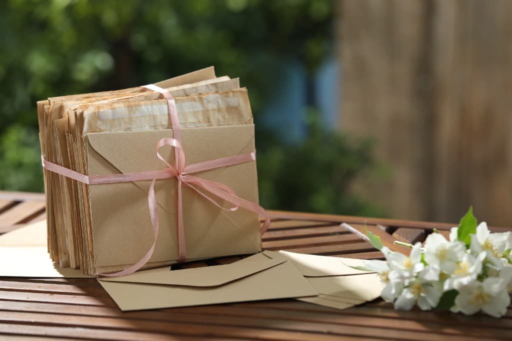 Stack of kraft envelopes tied with pink ribbon and white flowers