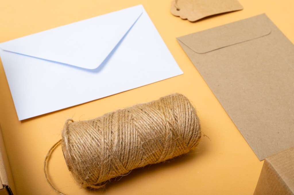 Twine, envelopes, and packaging supplies on a warm peach background